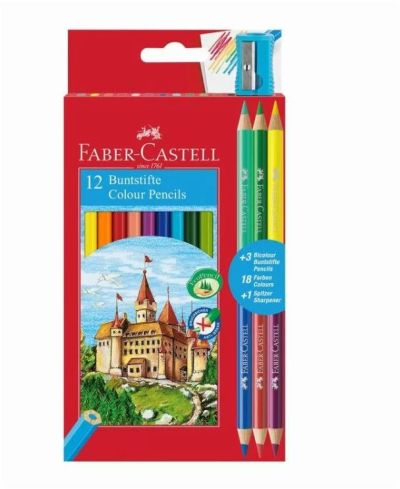 Цветни моливи Faber-Castell CastleШестоъгълни, 12 + 6 цвята, подарък острилка