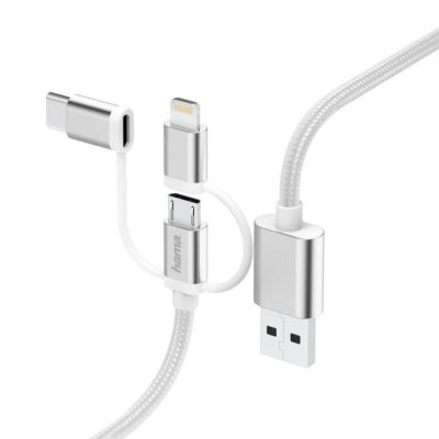 Кабел Hama - 3 в 1, USB-A/Micro USB/Lightning/USB-C, 0.2 m, бял